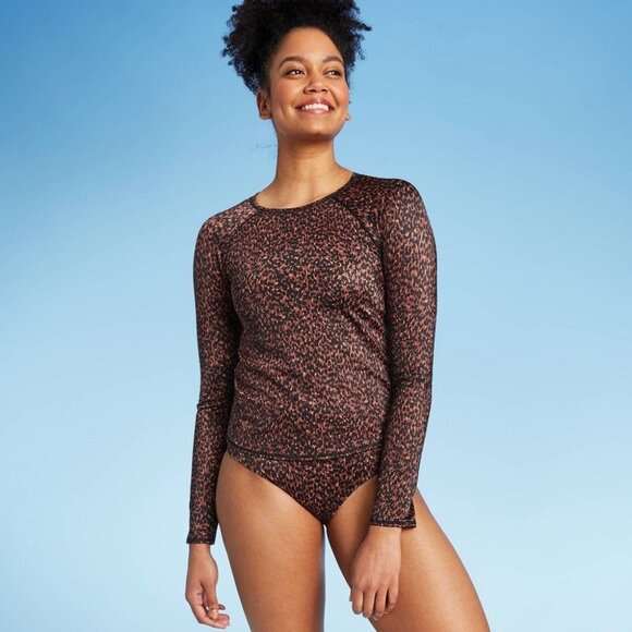Womens Long-Sleeve Leopard Print Crew Neck Rash Guard Swim Top With UPF 50+ & Ch - Picture 1 of 6